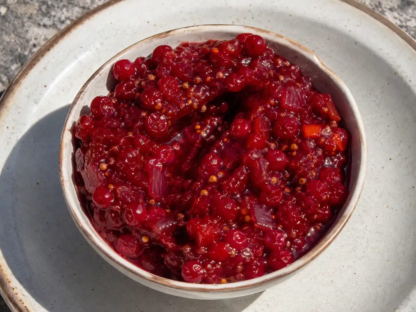 röda vinbär chutney i liten skål med blank röd yta, synlig lök, chili och senapsfrön