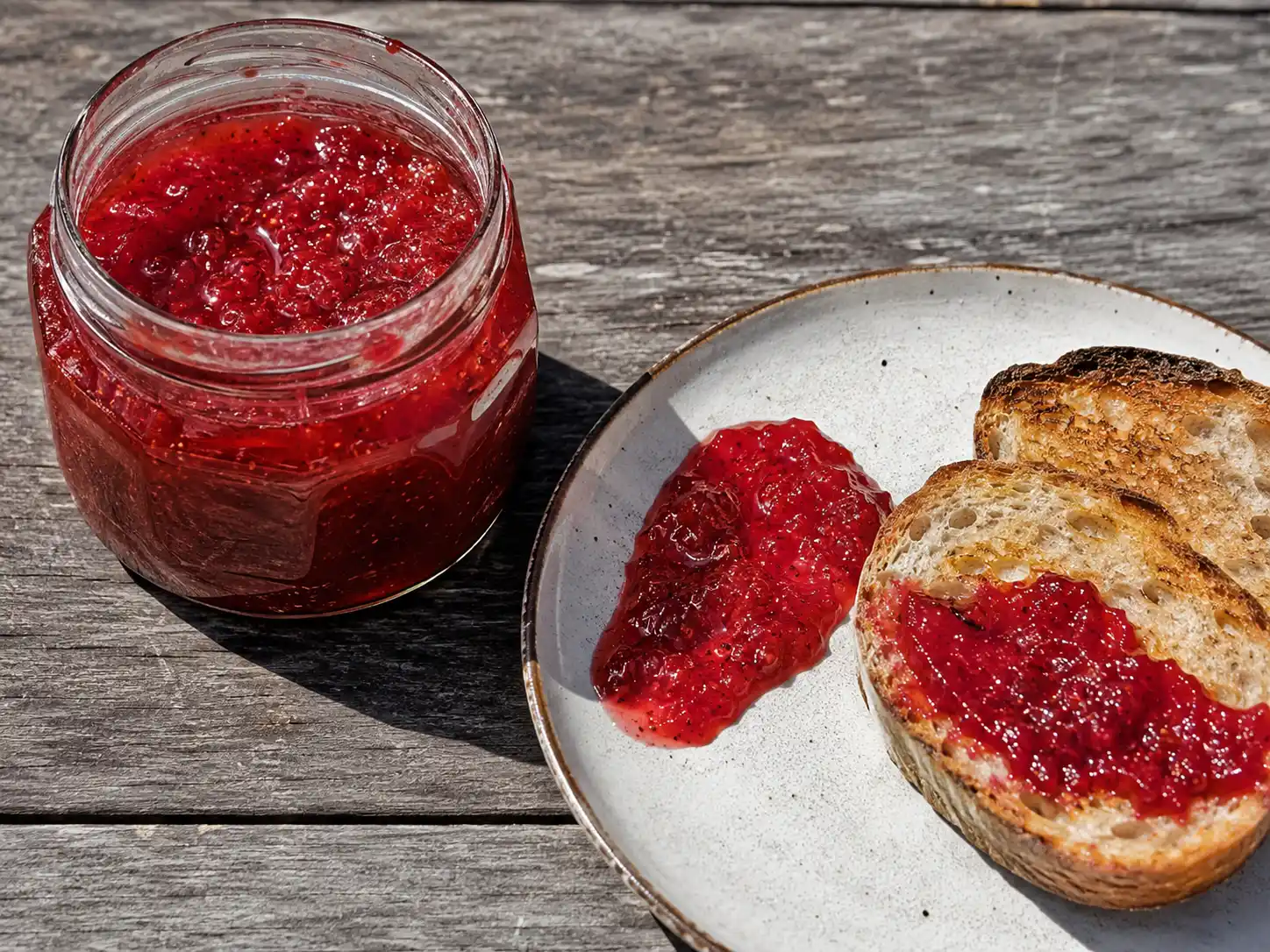röda vinbär marmelad i glasburk med blank röd yta, några bär och rostat bröd bredvid