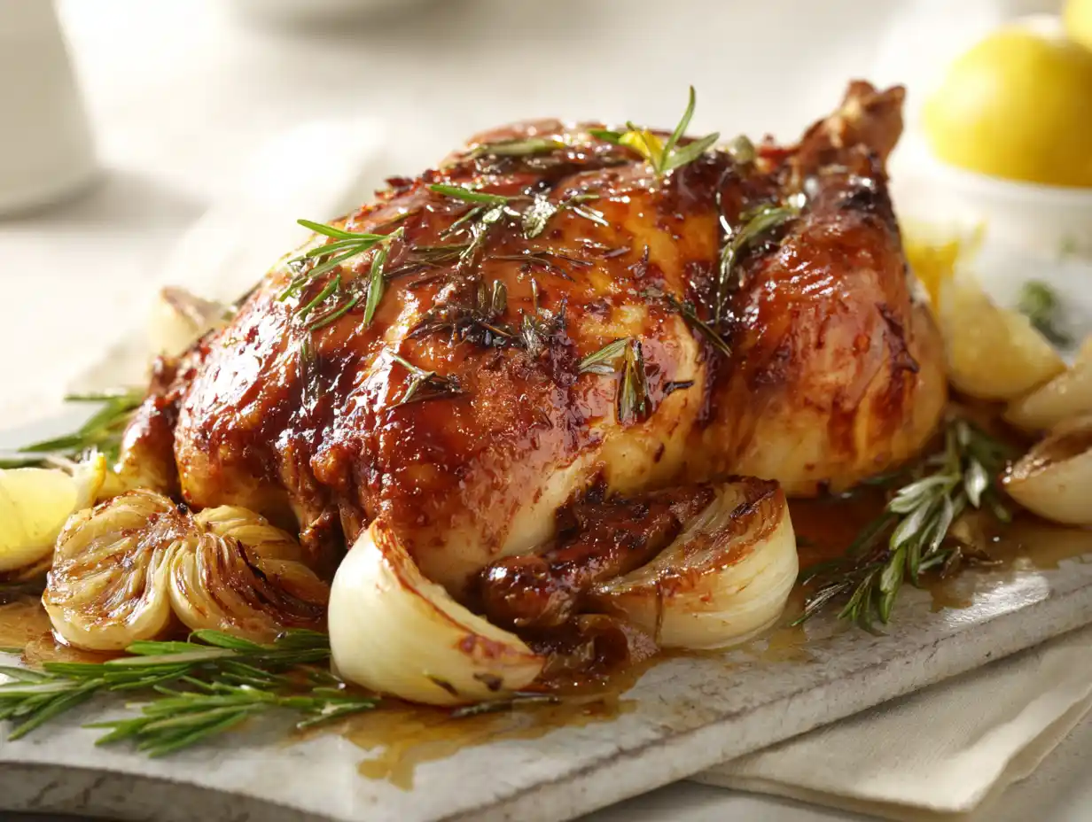 rostad kyckling på fat med gyllene skinn, rosmarin, citron och mjuk lök från ugnen.