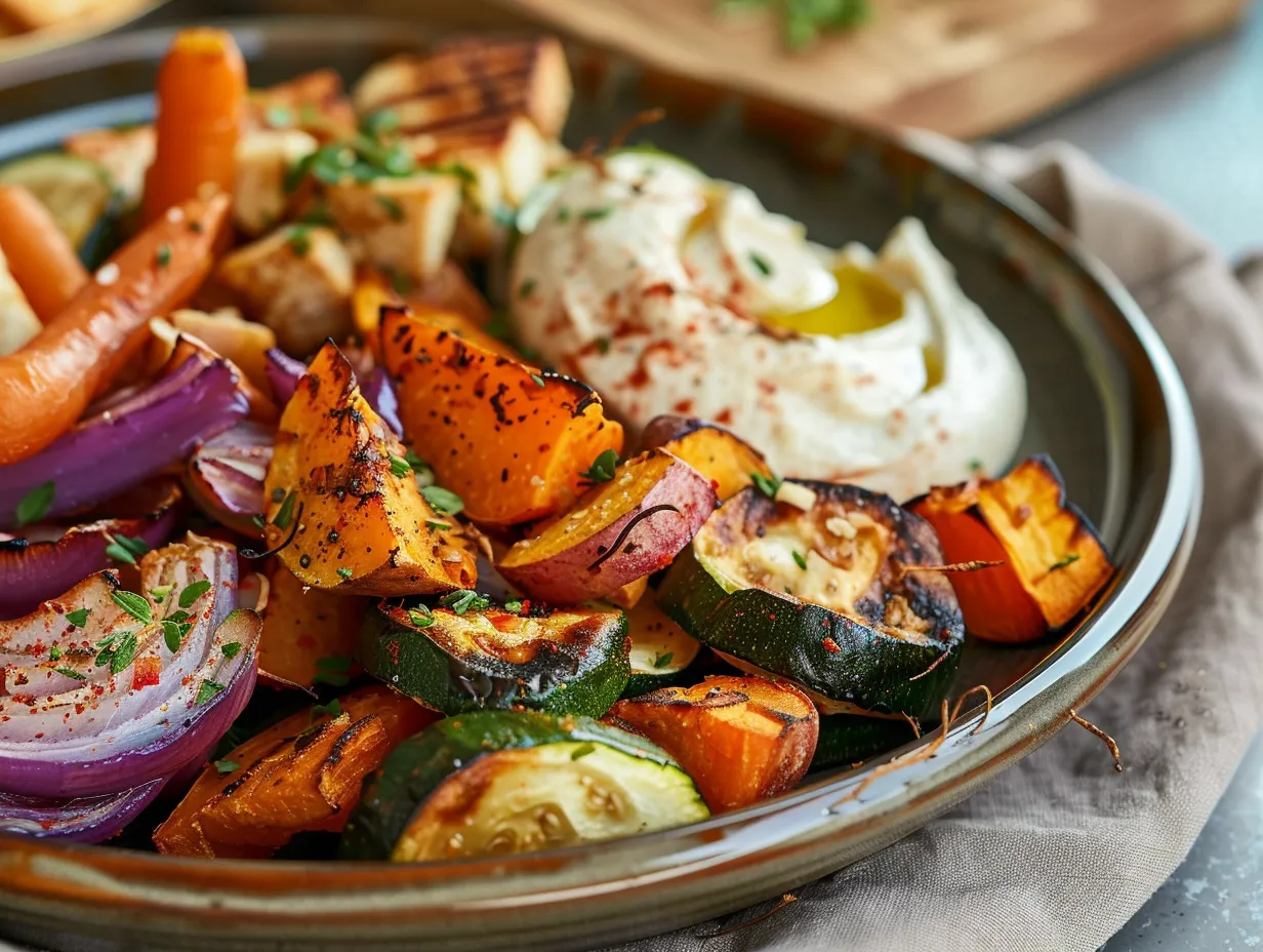 En tallrik fylld med varma rostade grönsaker med hummus, gyllene sötpotatis, röd paprika och zucchini toppad med olivolja.