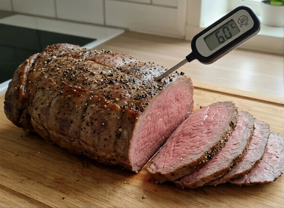 Saftig rostbiff i ugn uppskuren i tunna rosa skivor på en skärbräda.