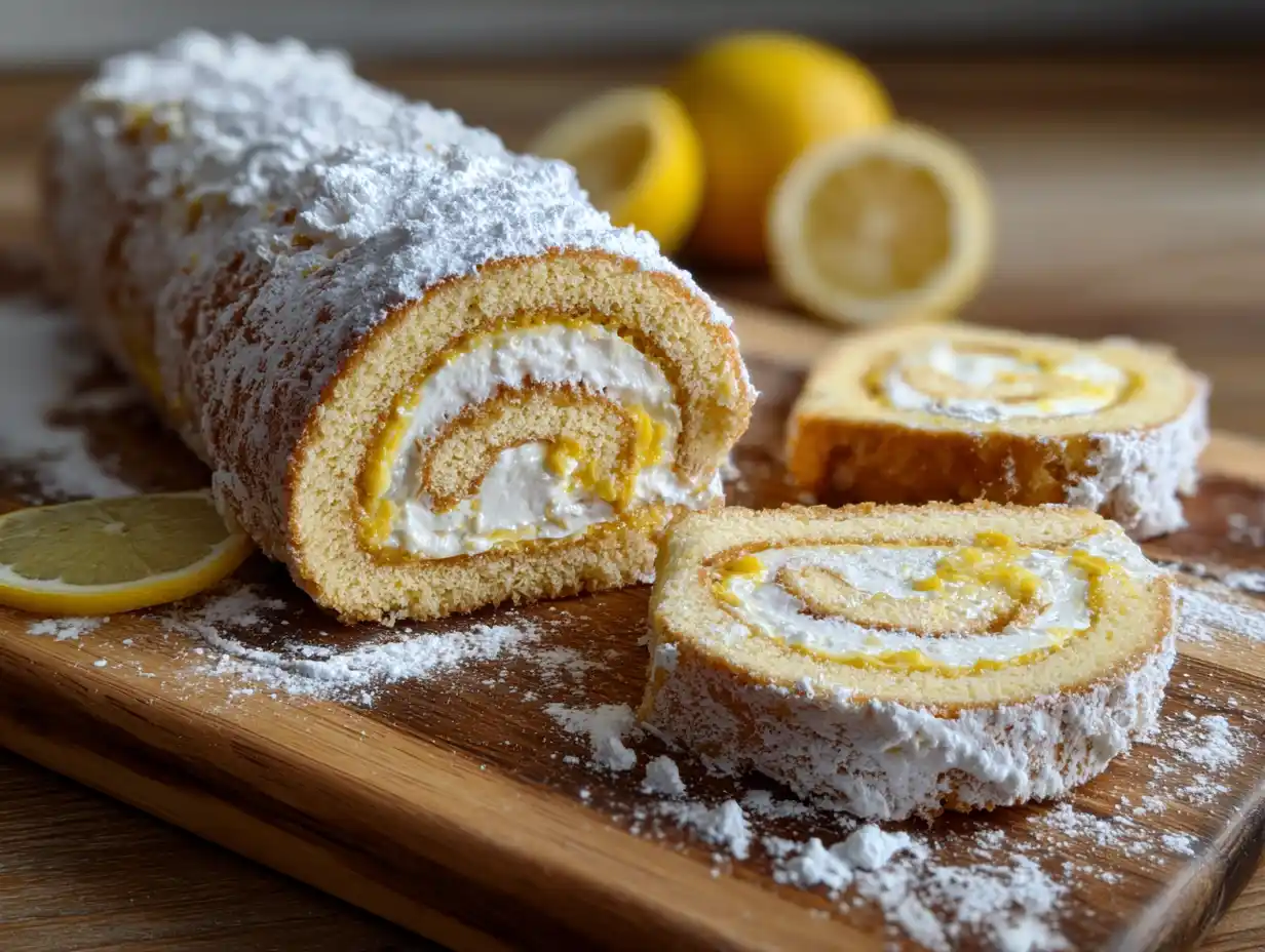 rulltårta påsk skuren i skivor på träbricka med lemon curd synligt i rullen och florsocker ovanpå