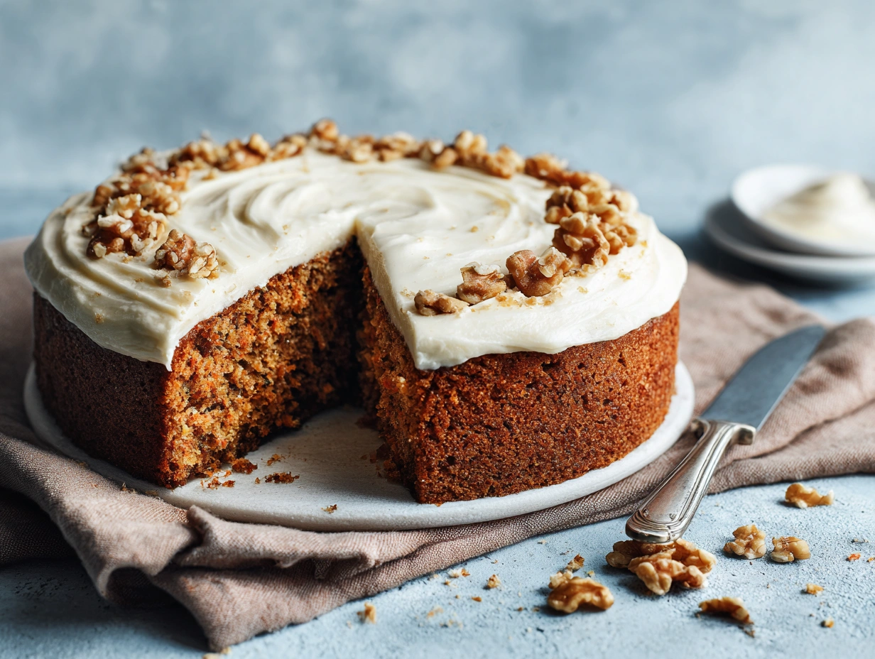 Ett saftigt morotskaka recept med tjockt lager krämig frosting och toppad med valnötter på ett rustikt träbord.