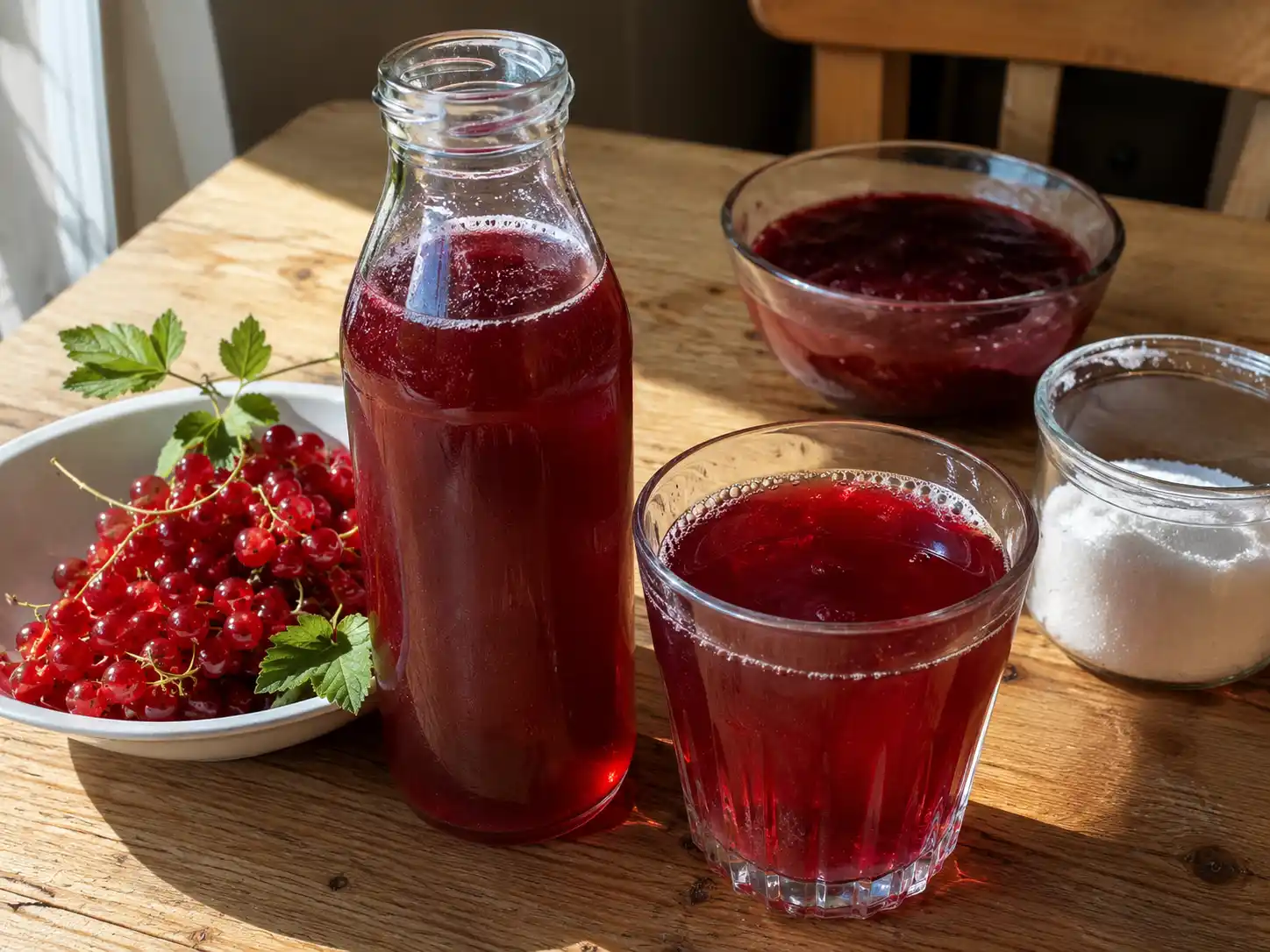 saftmaja röda vinbär i glasflaska med rubinröd saft, bärklasar och lätt skum på ytan