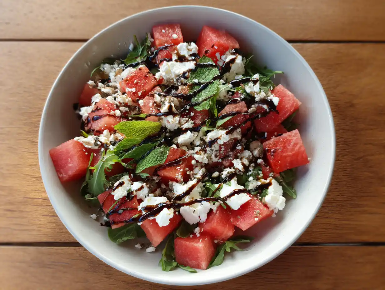 Sallad melon fetaost på fat med vattenmelonbitar, vit fetaost, myntablad och limeskivor, naturligt ljus