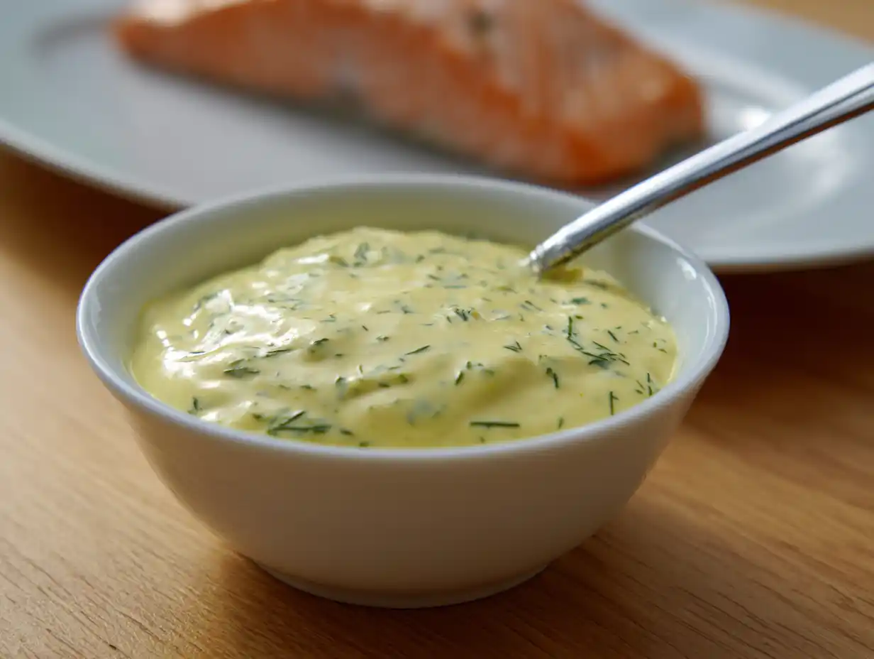 Sås till lax – liten kastrull med krämig citronsmörsås bredvid stekt lax, naturligt ljus