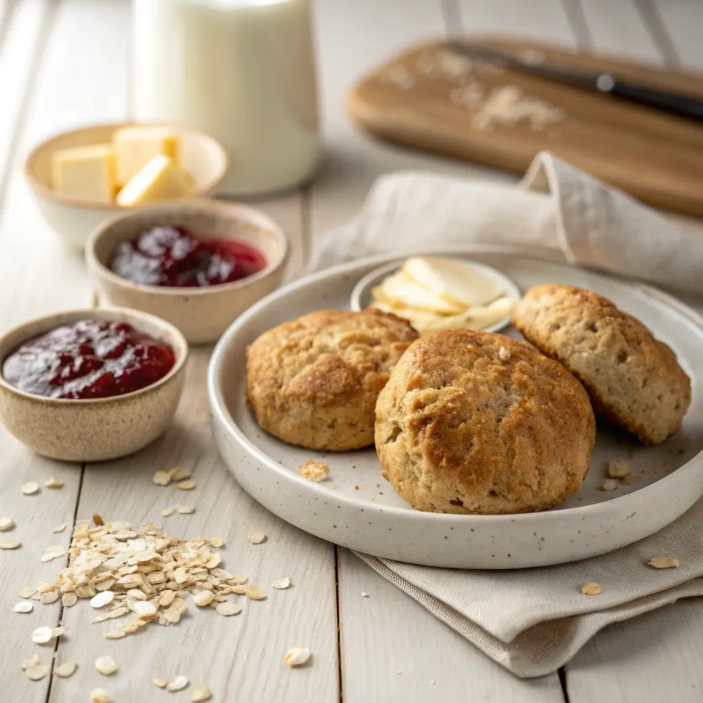 Hemlagade scones gjorda med havregryn och smör serverade nygräddade på morgonen