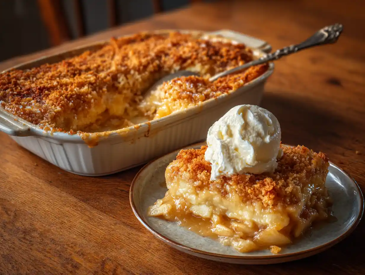 Skånsk äppelkaka i keramikform, frasig gyllenbrun yta med synliga lager och en klick grädde