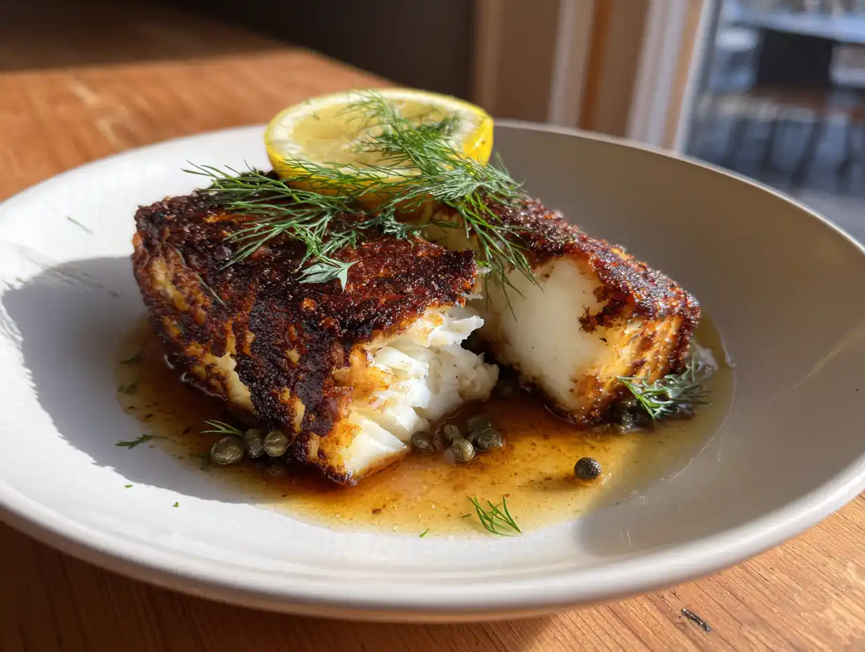 Skrei torsk på tallrik med krispigt skinn, brynt smör och kapris, citronskiva bredvid, naturligt ljus