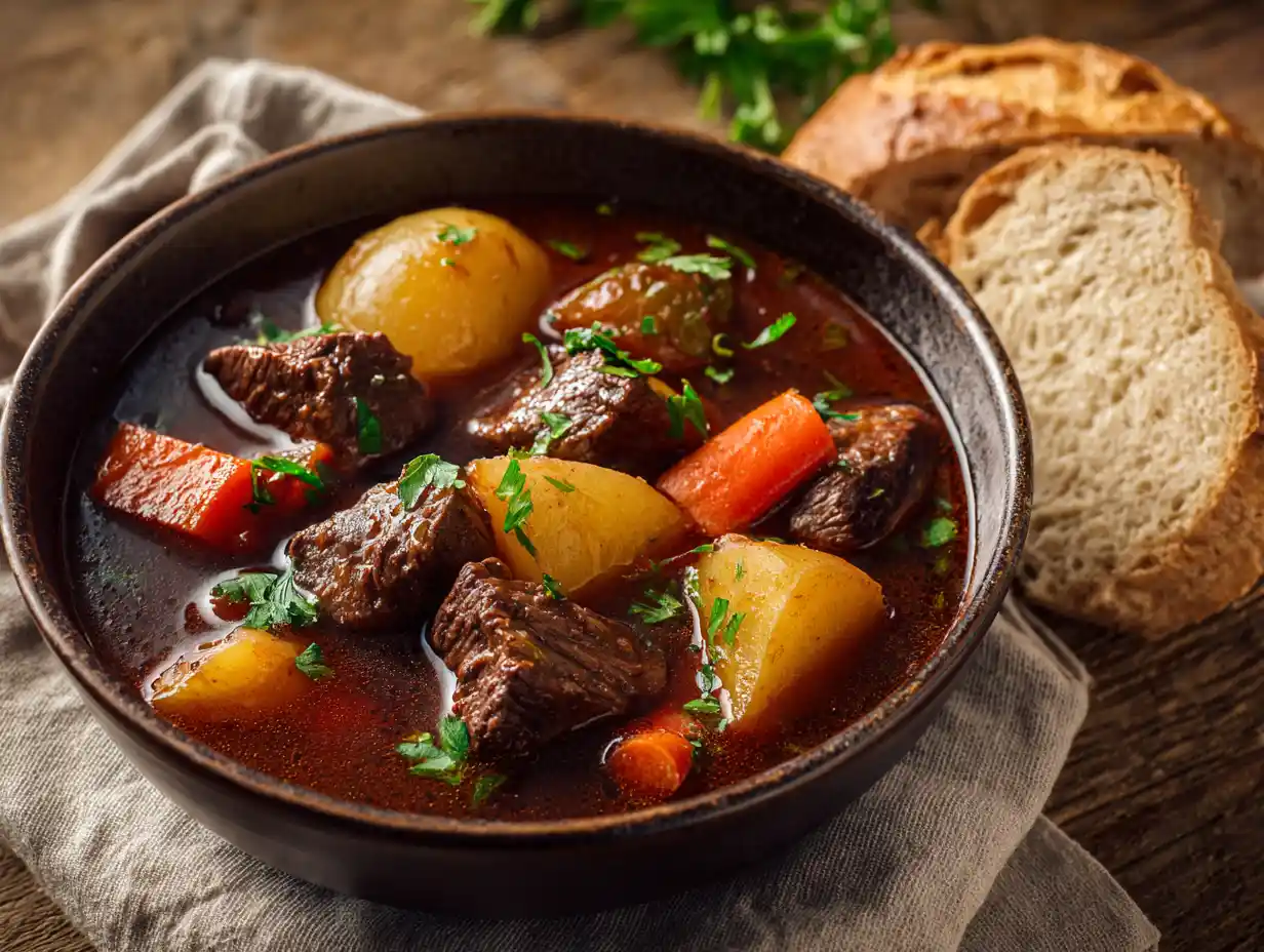 slow cooker allt i ett gryta i en djup keramikskål med nötkött, morötter, potatis och persilja i naturligt ljus