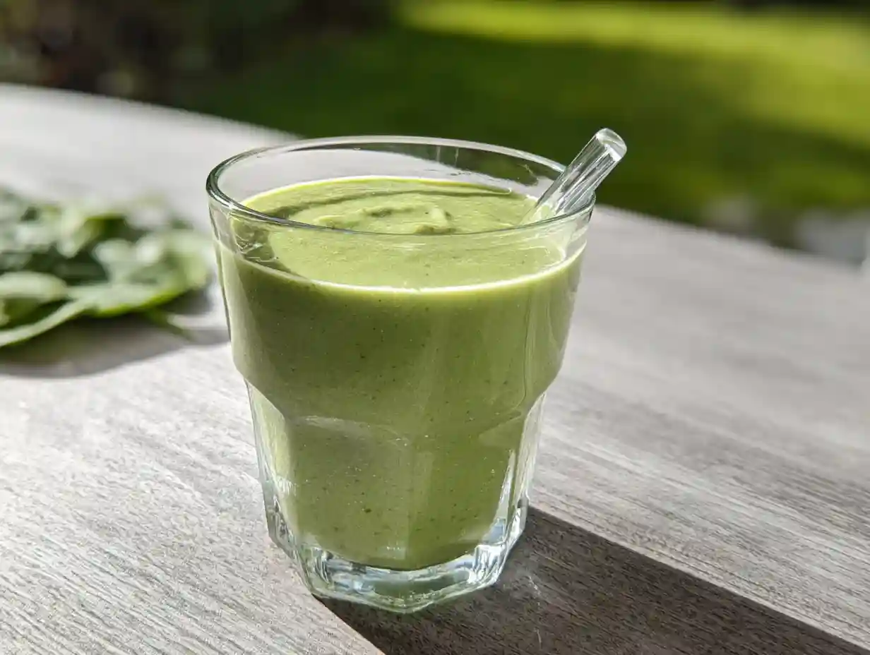 smoothie med spenat i glas, klargrön och krämig med lime och ingefära på skärbräda bredvid.