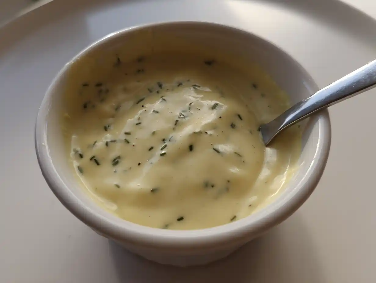 Snabb bearnaisesås i liten skål med ljusgul, blank yta och synliga gröna bitar av dragon, serverad varm till middag.