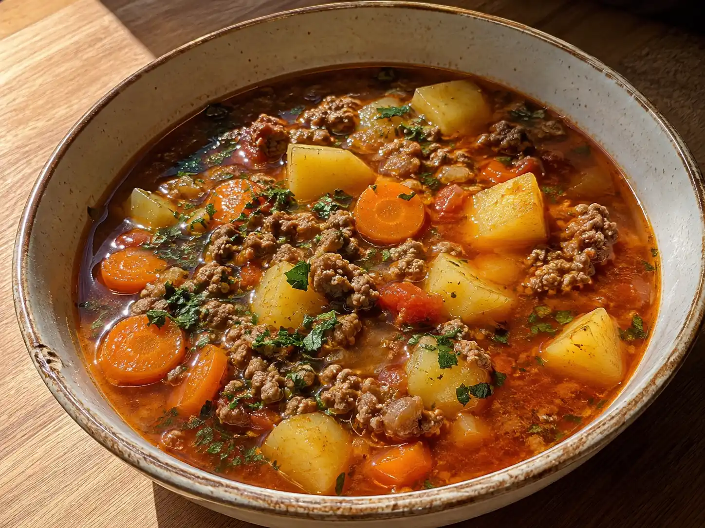 soppa med köttfärs i djup skål med brynt färs, potatis, morot, tomat och hackad persilja på toppen