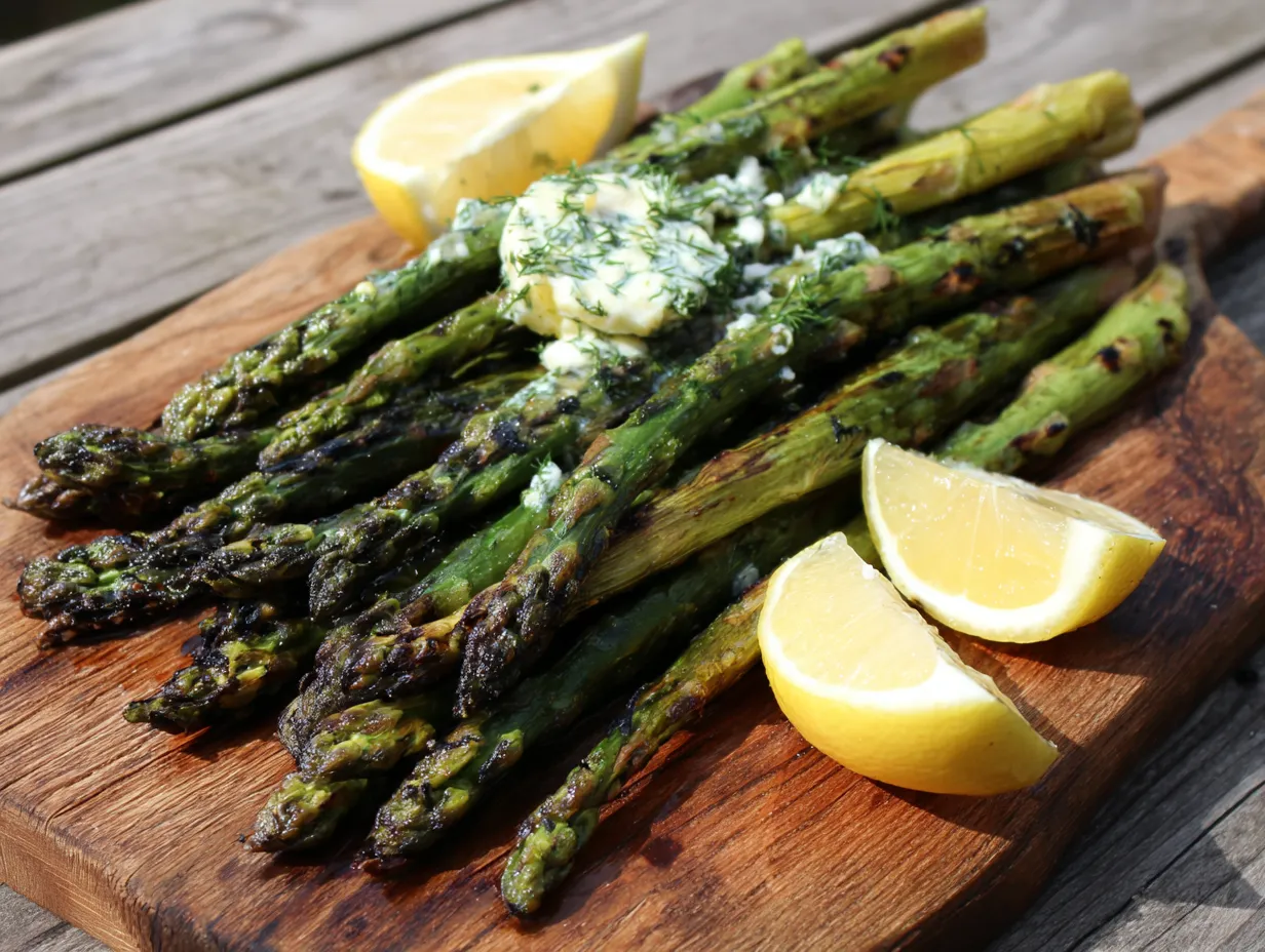 Sparris grillad på galler med kolad yta, citronklyftor och flingsalt på träbräda, naturligt ljus