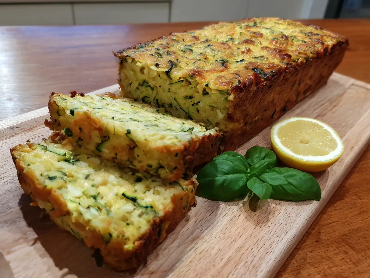 squash ostkaka skuren i bitar på skärbräda med gyllenbrun yta, syns riven zucchini och parmesan inuti