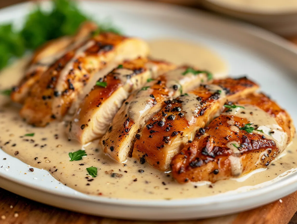 En närbild på saftig stekt kycklingfilé skivad på en tallrik med en rik och krämig pepparsås hälld över köttet.