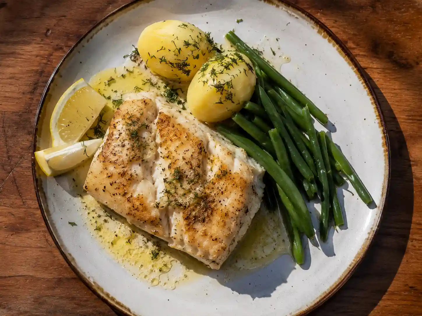 stekt torskrygg med gyllene yta, citronsås, potatis och dill på en enkel middagstallrik
