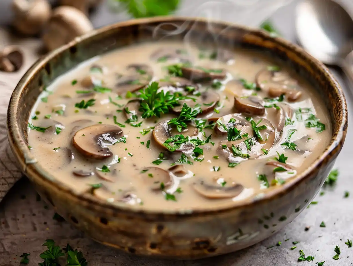 Svampstuvning till omelett med krämig gräddsås, stekt svamp och persilja precis innan servering.