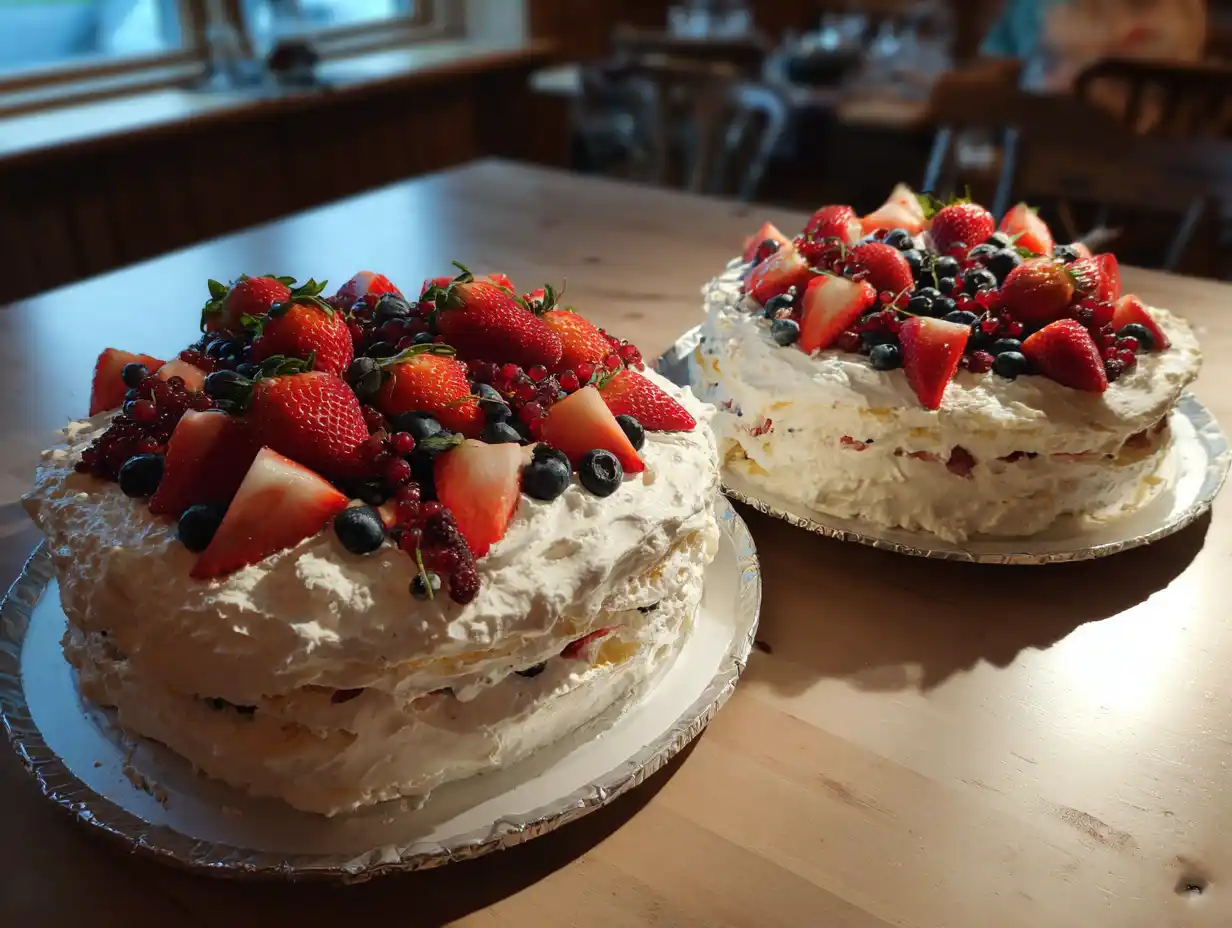 Tårta för många med grädde och jordgubbar, stor festtårta till party, hemlagad stil