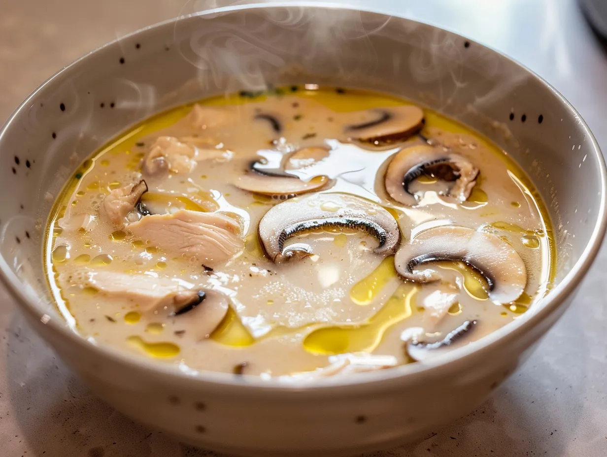 Tom kha gai med kyckling, kokosmjölk och svamp serverad varm i skål