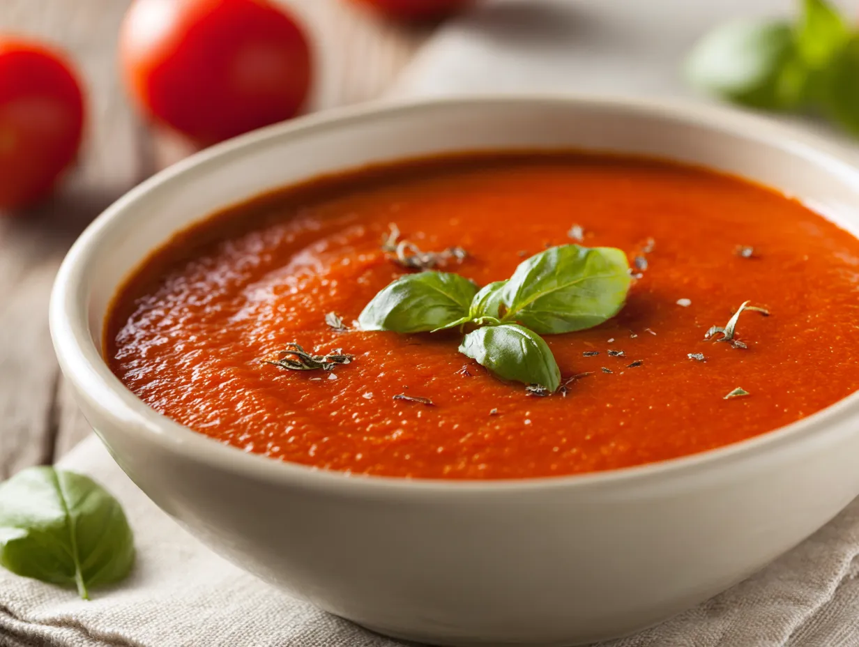 Tomatsoppa på färska tomater med len konsistens och örter serverad i skål.