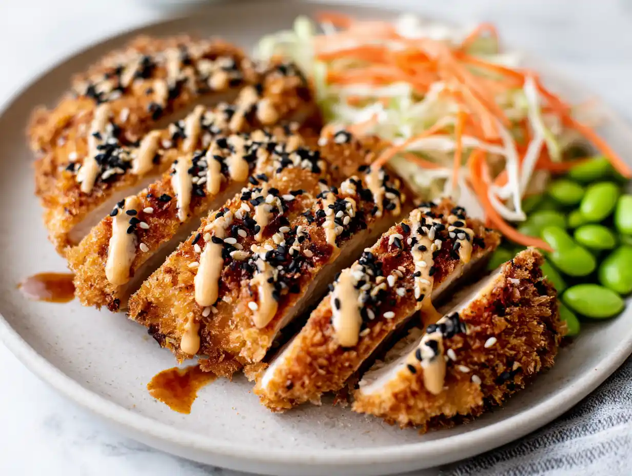 tonkatsu kyckling skuren i skivor med krispig panko, sojamajonnäs, rostade sesamfrön och fräsch kålsallad på ljus tallrik