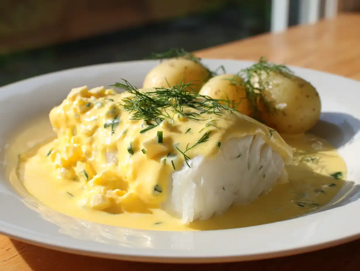 Torsk med äggsås på tallrik, vit torskfilé täckt med krämig äggsås och hackad dill, naturligt ljus