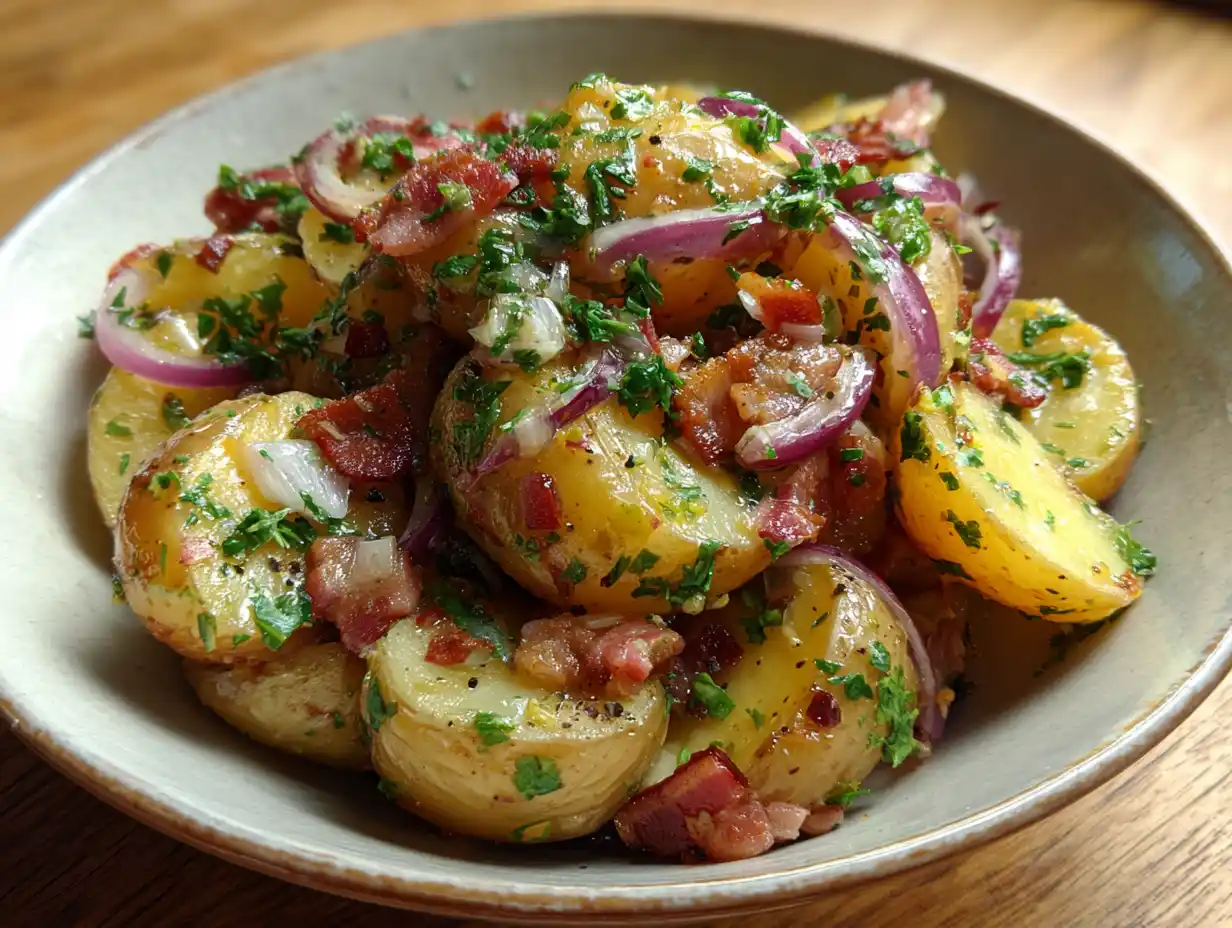 tysk potatissallad i skål med kokt potatis, bacon, rödlök och persilja i blank varm dressing.