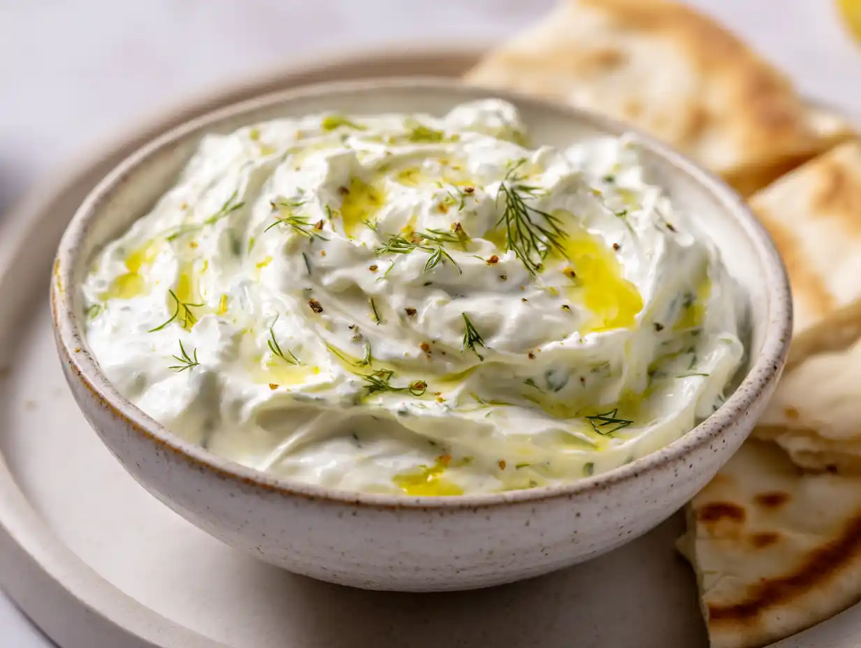 tzatziki recept i liten skål med krämig yoghurt, riven gurka, vitlök och olivolja på ljus bakgrund.