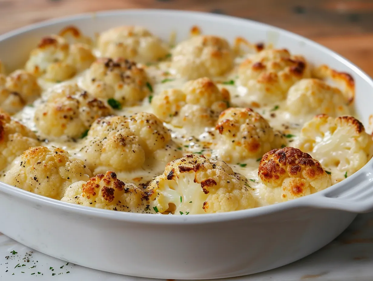 En gyllenbrun ugnsbakad blomkål med ost i en keramikform, toppad med bubblande grädde och färsk persilja.