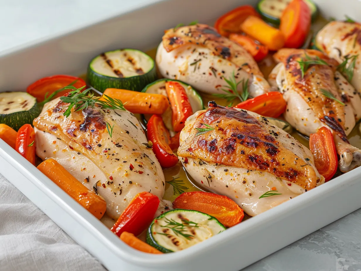 En ugnsform fylld med gyllene ugnsbakad kycklingfilé med grönsaker som paprika, zucchini och morötter kryddade med timjan.