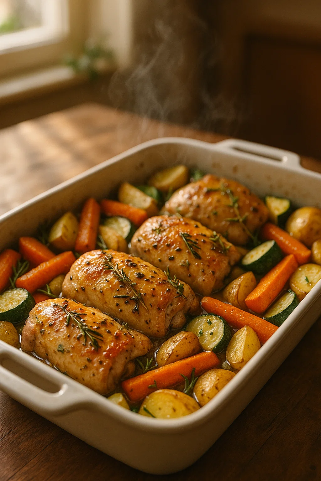 Utan grädde kycklinglårfilé i ugn med grönsaker