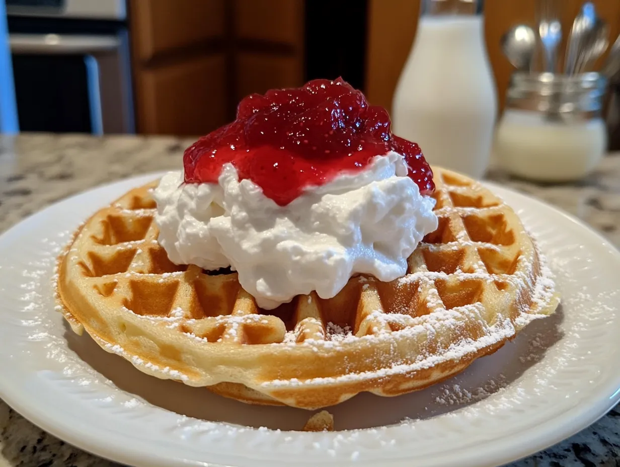 Nygräddade våfflor med ägg staplade på varandra med röd sylt och en klick vispad grädde.