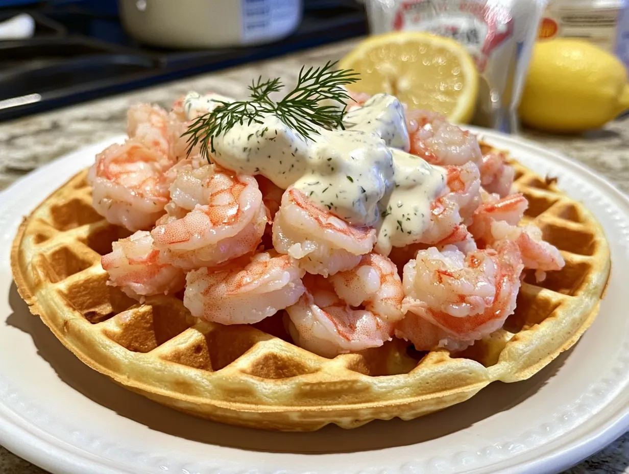 Matig våffla toppad med handskalade räkor och dill.