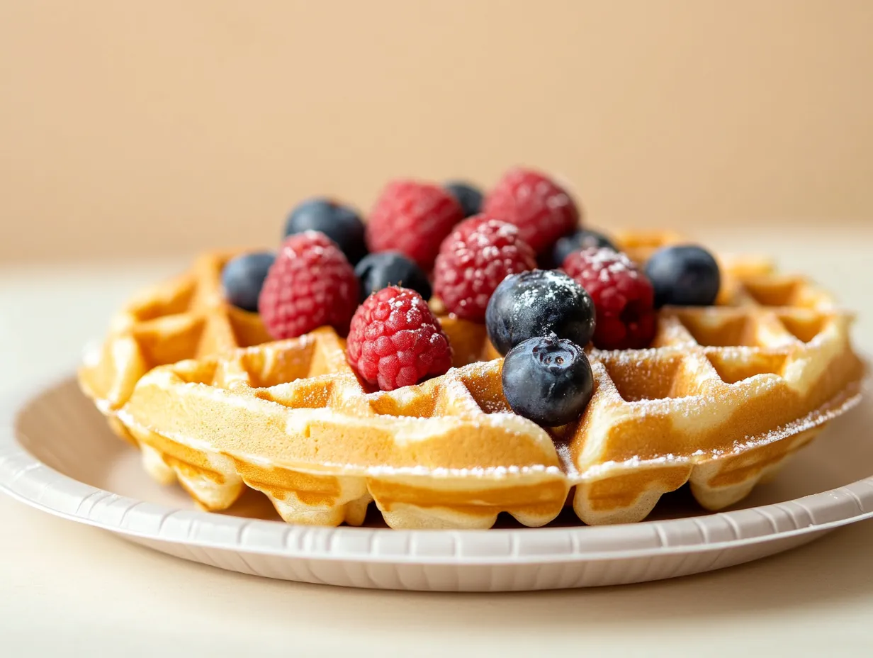 Mjölkfria våfflor serverade med färska bär och pudrat socker.