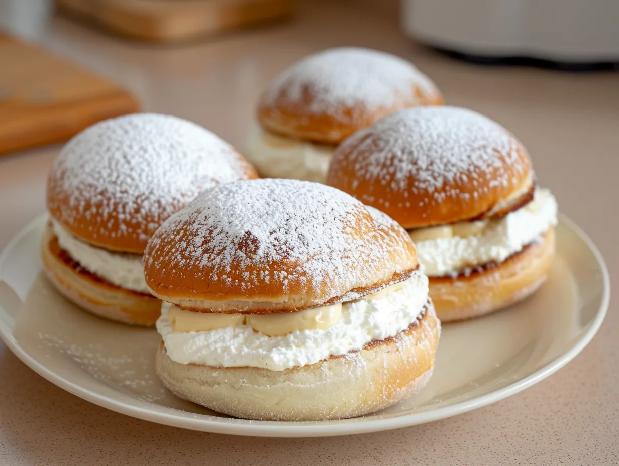 Vaniljsemla med fluffig grädde och len vaniljkräm, pudrad med florsocker