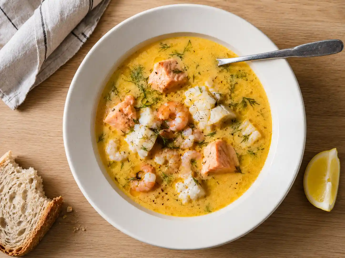 Världens godaste fisksoppa recept i djup tallrik med lax, torsk, räkor, saffran och färsk dill