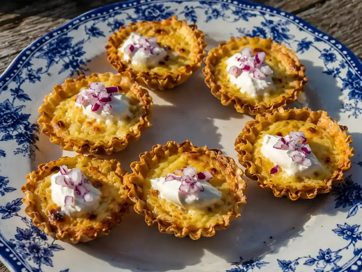västerbottenpaj i krustader på tallrik med gyllene ostfyllning, crème fraîche, rödlök och dill