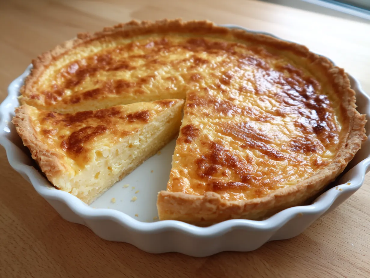 Västerbottenpaj utan ägg nybakad med gyllenbrun yta i pajform på träbord, naturligt fönsterljus