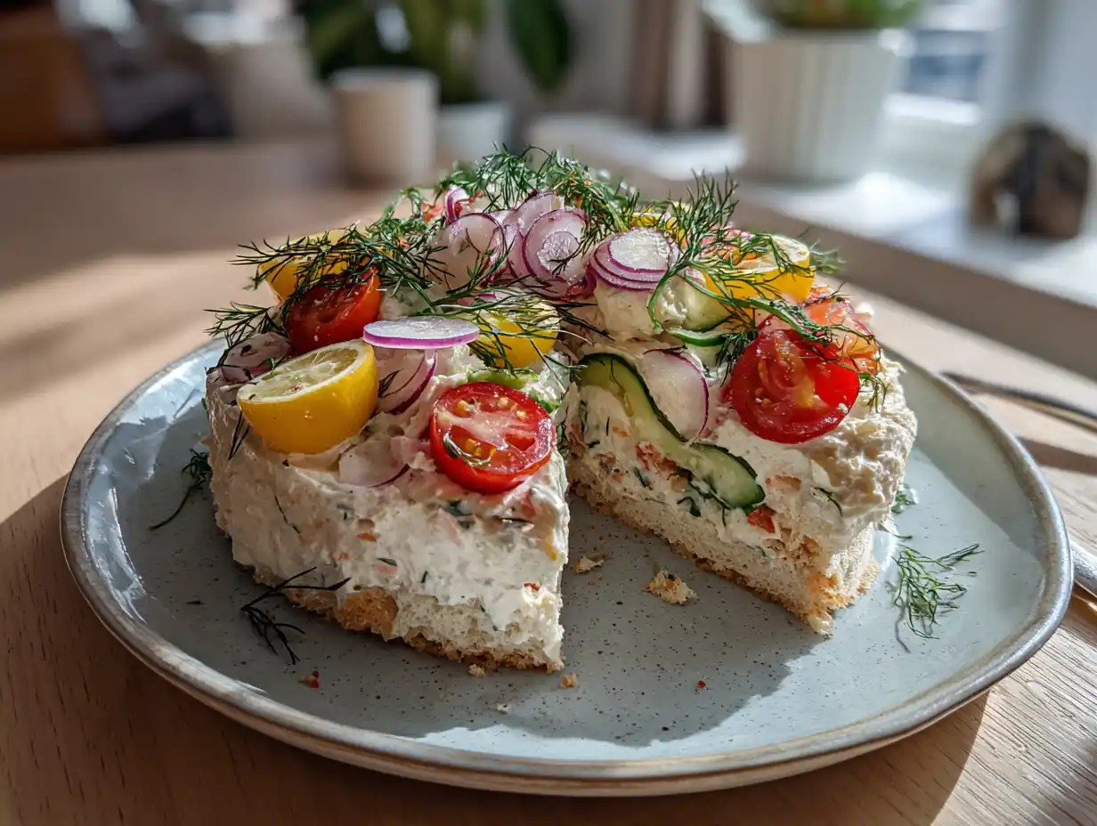 Vegansk smörgåstårta på fat med gurka, tomat, dill och citron i ett enkelt hemmakök.