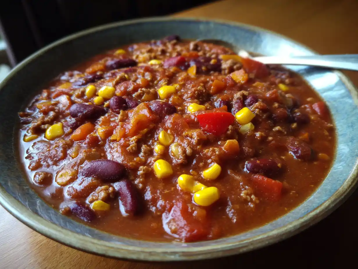 Vegetarisk chili con carne i skål med bönor, linser, tomat och majs, varm och mustig i enkel hemmamiljö.