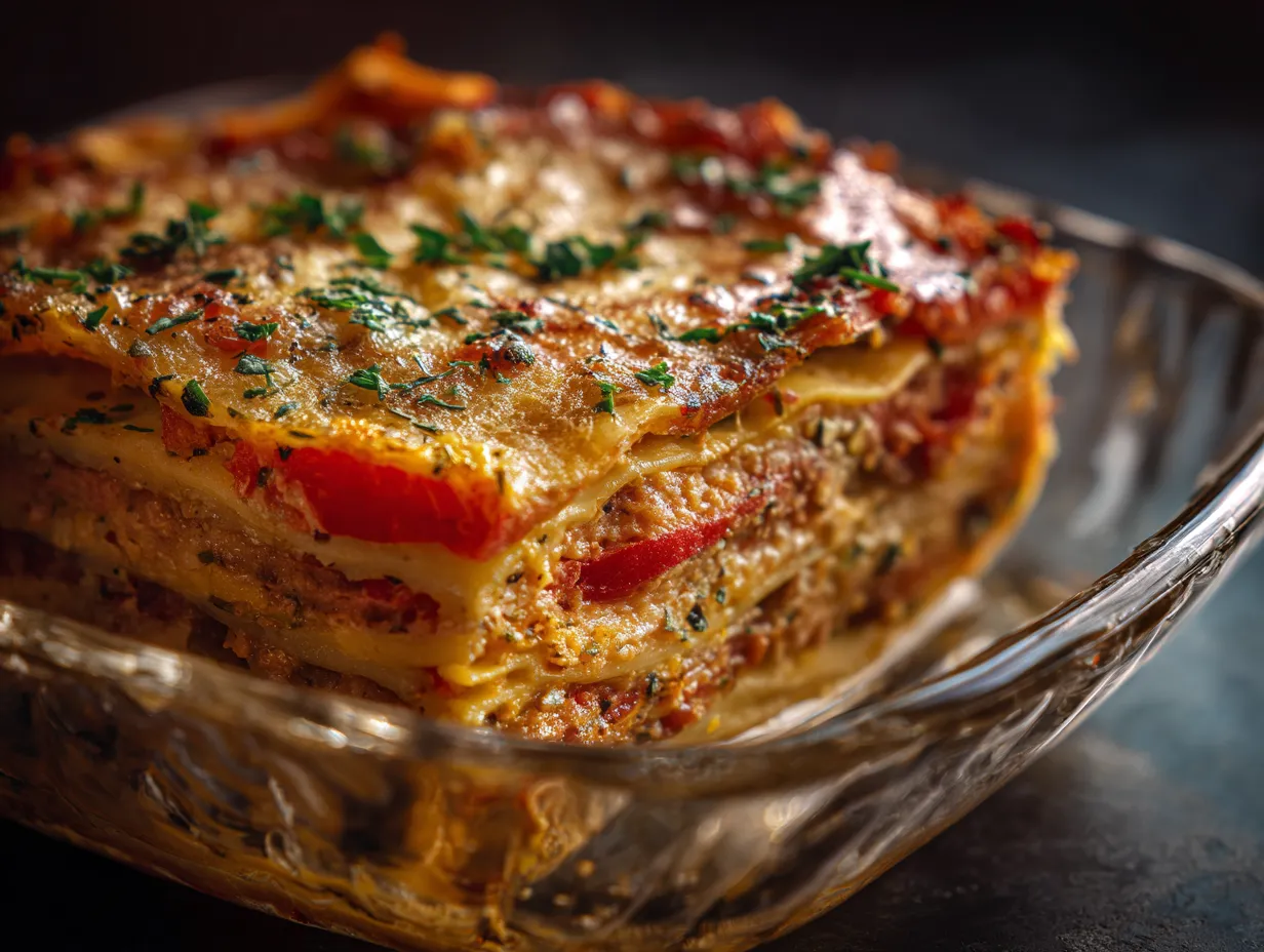 En rykande varm vegetarisk lasagne med gyllenbrun ostyta serverad med fräsch grönsallad på ett rustikt träbord.