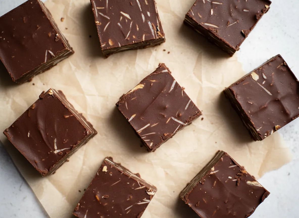En tallrik fylld med skurna bitar av wienernougat där den rostade mandeln syns tydligt i den lena chokladblandningen.