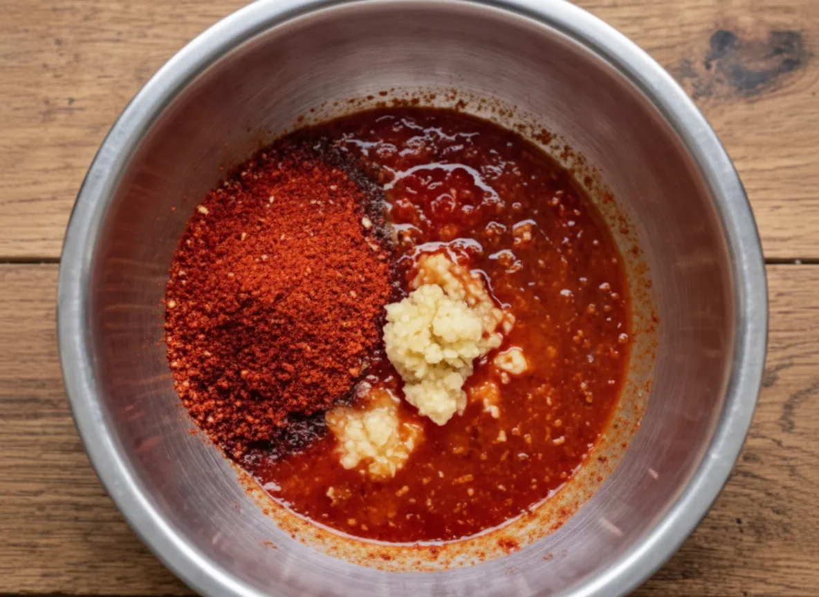 En stor skål med den färdiga, djupröda kimchipastan gjord på gochugaru, vitlök och andra kryddor.