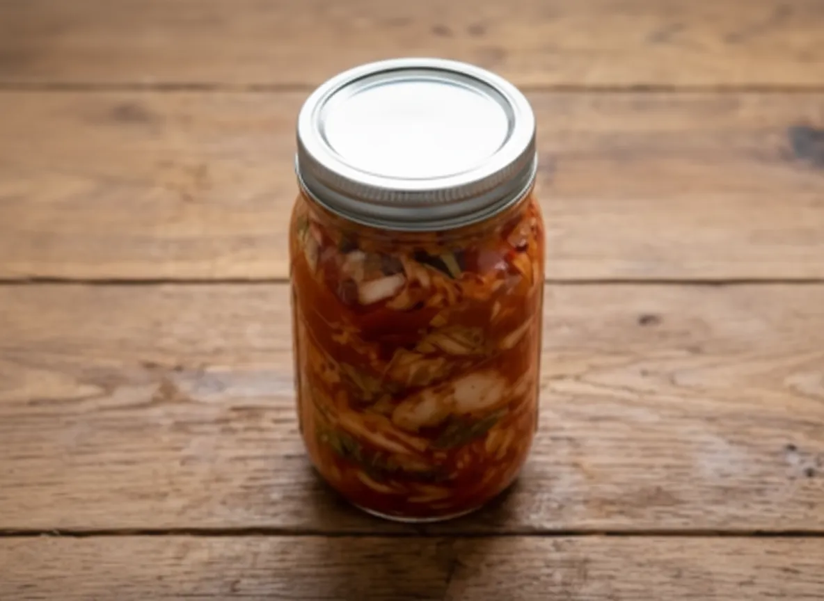 En öppnad glasburk som visar färdigfermenterad, bubblande koreansk kimchi med rik färg.