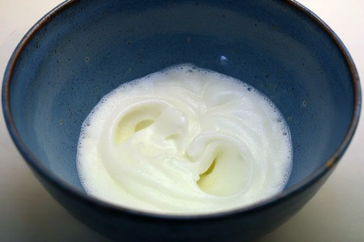 Vispade äggvitor i ett hårt, vitt skum som sitter kvar när bunken vänds upp och ner.