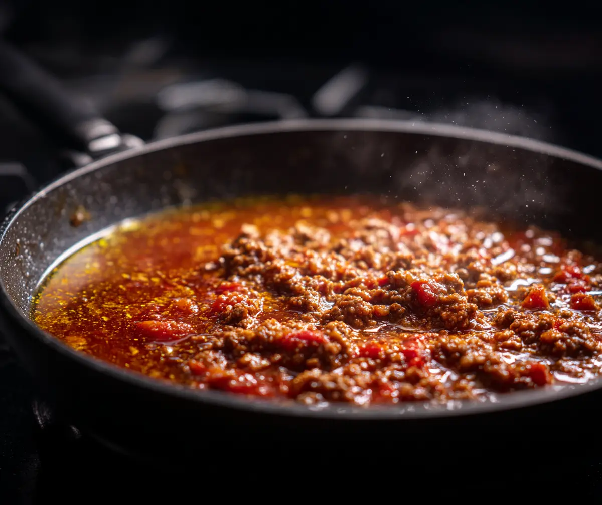 Nötfärs som bryns i en stekpanna tills den har fått en jämn, fin färg