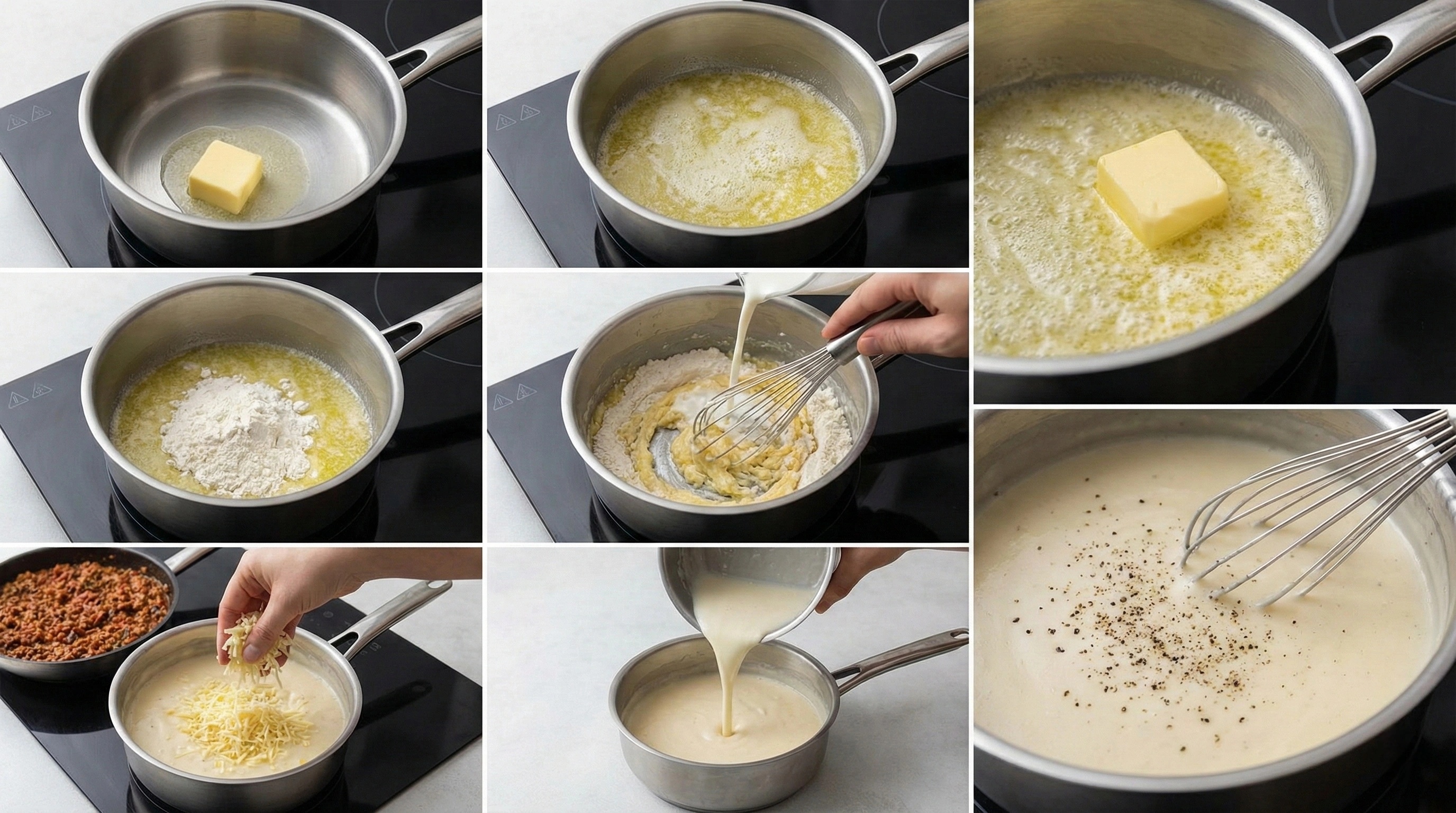 Vit sås som sjuder i en kastrull på spisen för att tjockna till rätt konsistens.