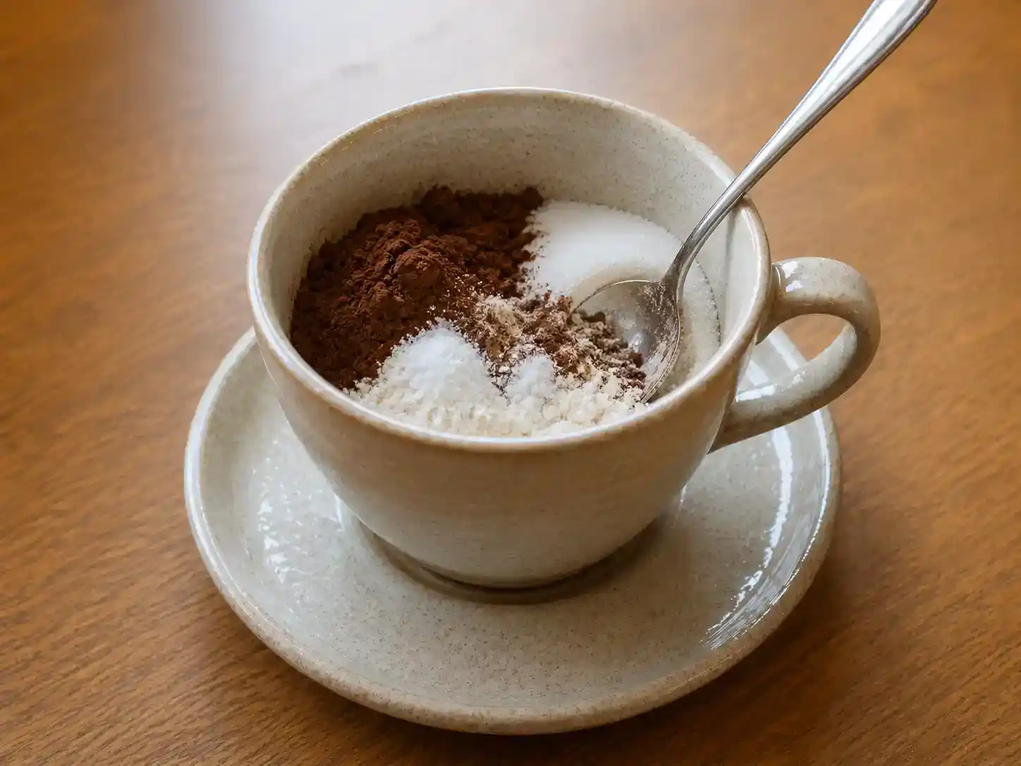 Torra ingredienser som mjöl, kakao, socker och bakpulver i en mugg för kladdkaka