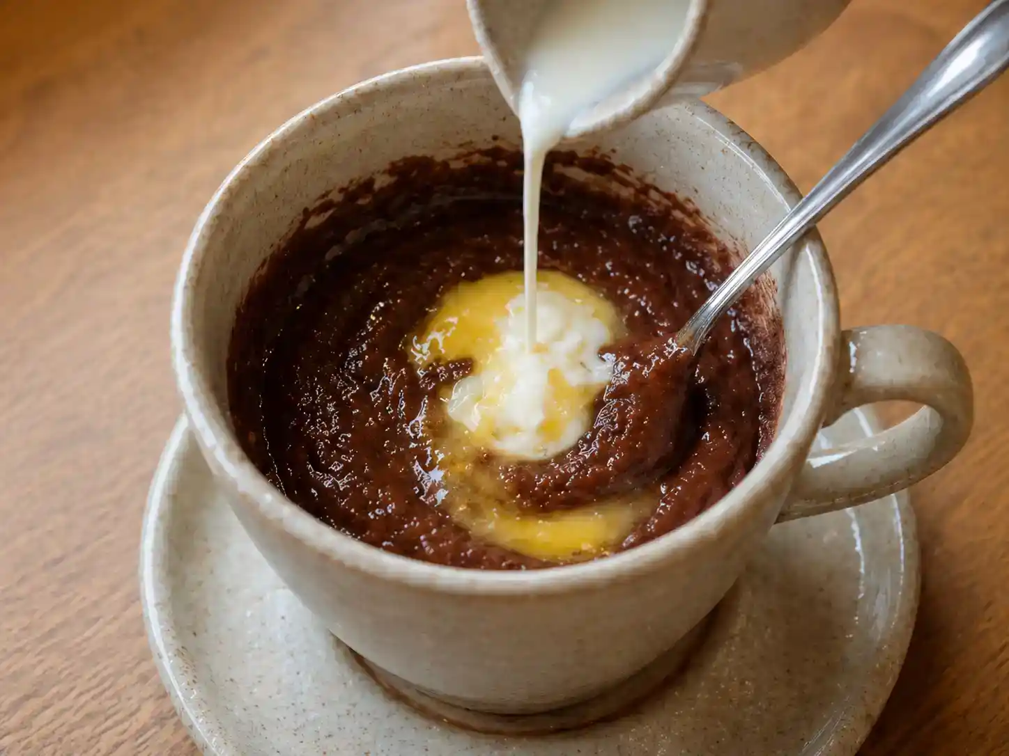 Smält smör och mjölk hälls ner i chokladsmeten till kladdkaka i mugg